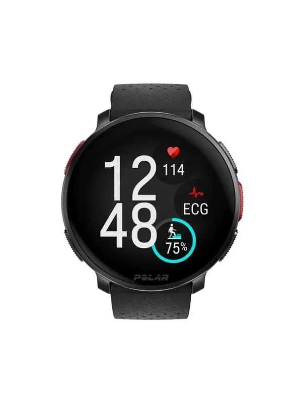 Polar Vantage V3 i svart med röda knappar och rund AMOLED-skärm som visar klockslag, puls, EKG och steg
